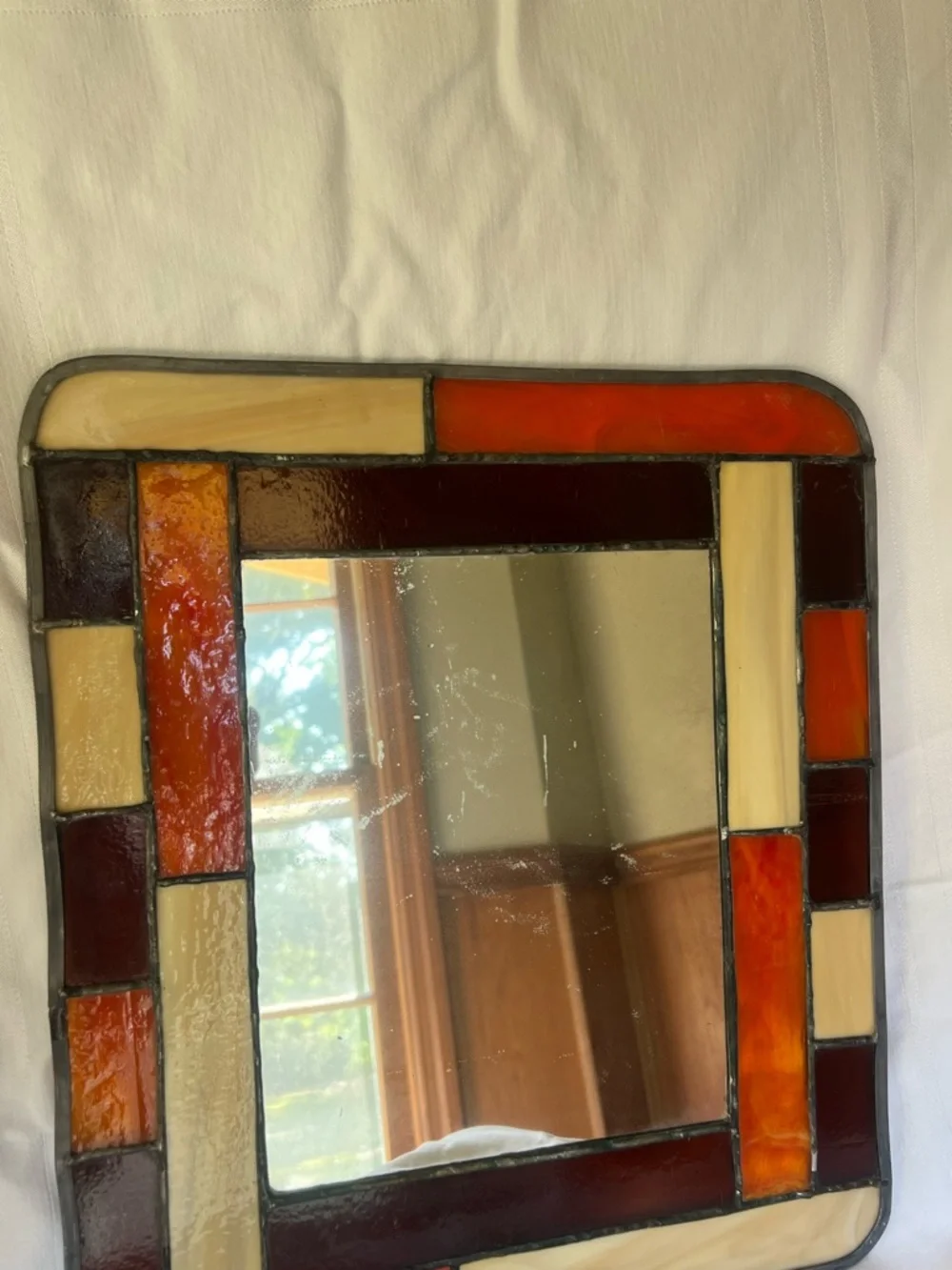 Stained Glass Framed Wall Mirror in Amber, Cream, and Burgundy